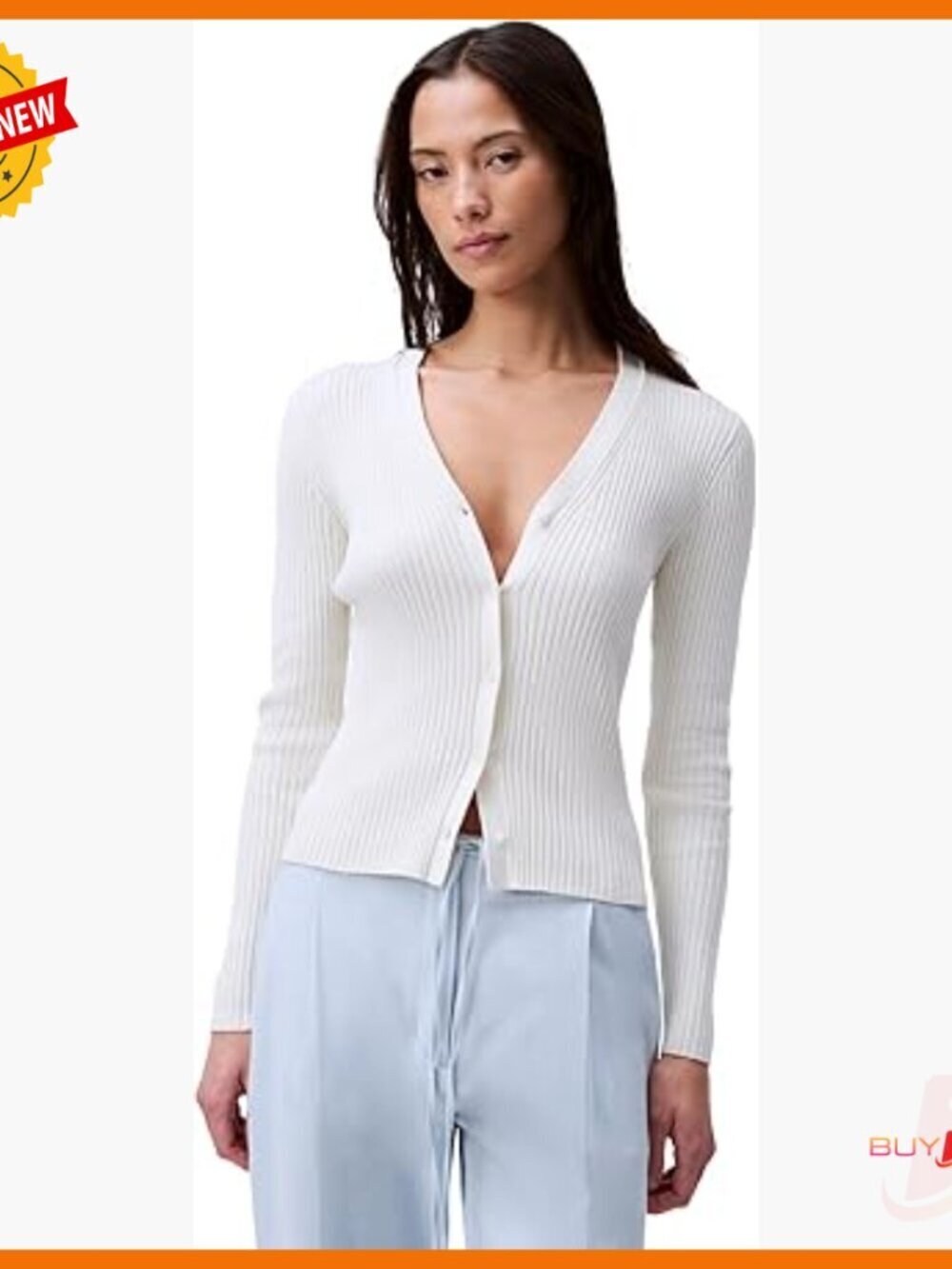Cotton Rib Cardigan V-Neck Button Front Long Sleeve Sweater